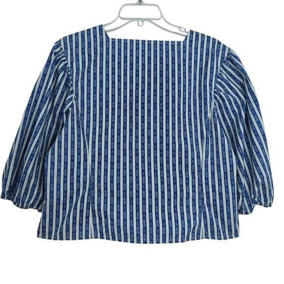 Tory Burch Gemini Link Button Front Top Size 12 Blue Stripes Cotton Puff Sleeves - Picture 9 of 14
